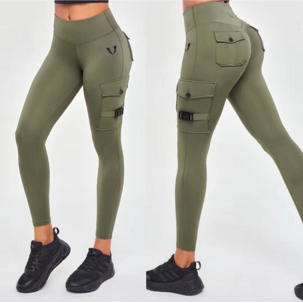 Firmabs Women Olive Green Cargo Tactical Leggings Scrunch Butt Buckle Small S